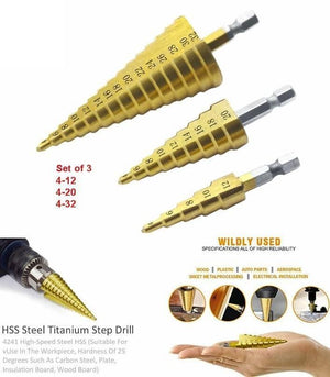 3pcs Hss Titanium Coated Step Drill Bit Set, 1/4’ Hex Shank Drive Quick Change High Speed Steel Cone Drill Bit