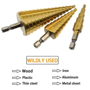 3pcs Hss Titanium Coated Step Drill Bit Set, 1/4’ Hex Shank Drive Quick Change High Speed Steel Cone Drill Bit