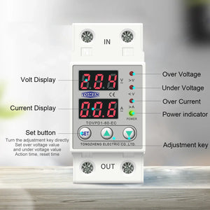 Tomzn 63A, 220V, Auto Cutoff & Reset – Best for Home & Industrial Safety Adjustable Over & Under Voltage Protective Device TOVPD1