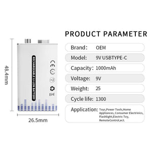 9v Rechargeable Lithium Battery 1000mah – Usb Type-c (6f22)