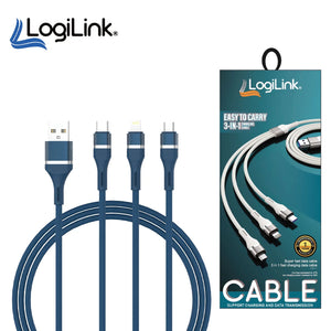 Techno edge 3In1 USB To Micro/Type C/iPhone Nylon Fast Charging 6A Data Cable 1.2m blue