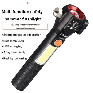 Water Proof Zoom Able Emergency Cob Flash Light Led Safety Hammer Flashlight