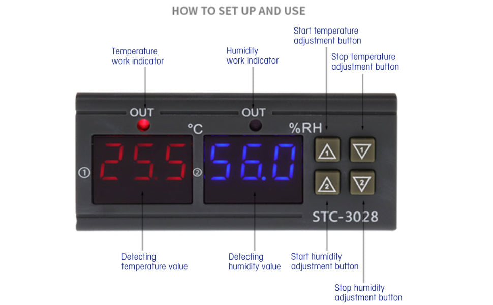 STC-3028 Temperature Control 12V Digital Display Temperature and Humidity Controller Meter with Integrated Sensor