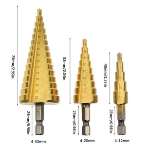 3pcs Hss Titanium Coated Step Drill Bit Set, 1/4’ Hex Shank Drive Quick Change High Speed Steel Cone Drill Bit