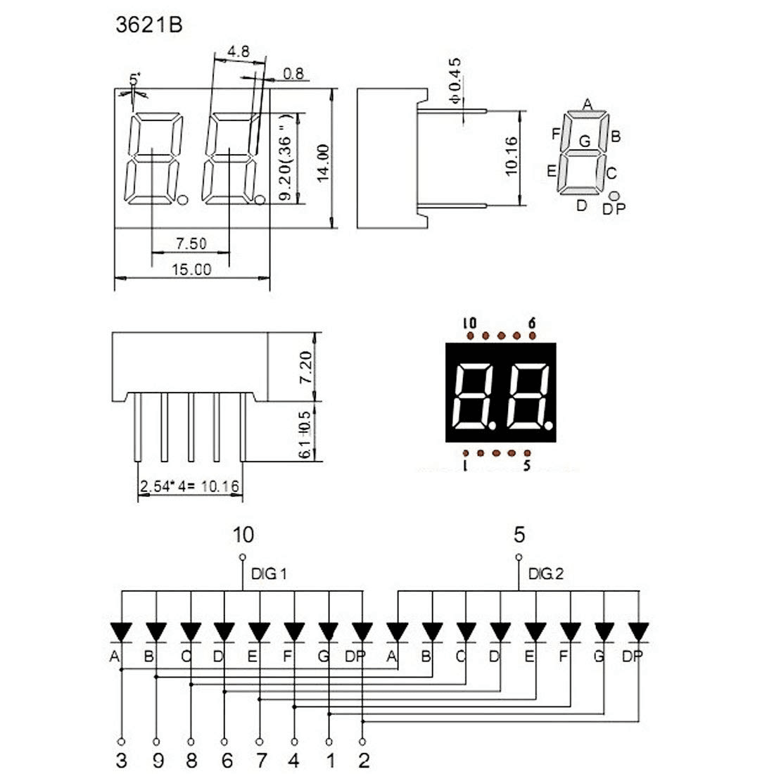 Led 7 Segment 2 Digit Common Anode Display  25mmx17mmx10mm