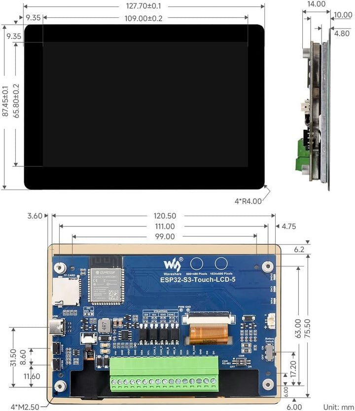 On Demand ESP32-S3 5inch Capacitive Touch Display Development Board, 5-Point Touch, 32-Bit LX7 Dual-Core Processor, Support Wi-fi & BLE, with Onboard Antenna, 800×480 Display Resolution