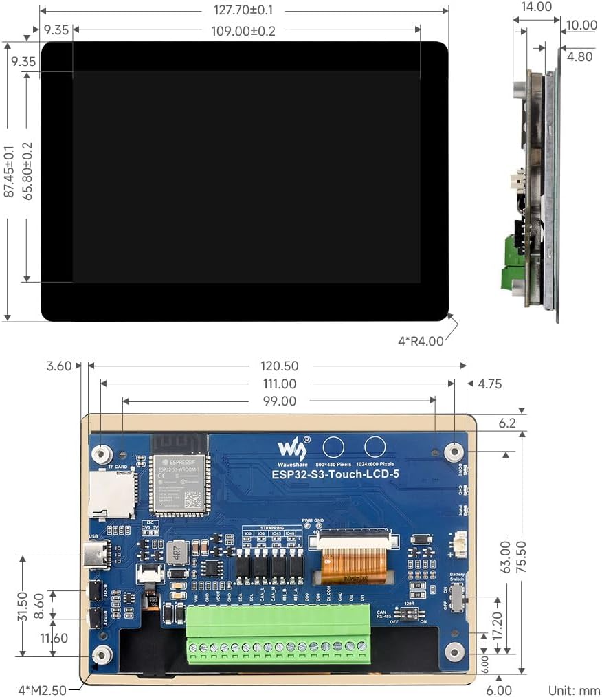 On Demand ESP32-S3 5inch Capacitive Touch Display Development Board, 5-Point Touch, 32-Bit LX7 Dual-Core Processor, Support Wi-fi & BLE, with Onboard Antenna, 800×480 Display Resolution