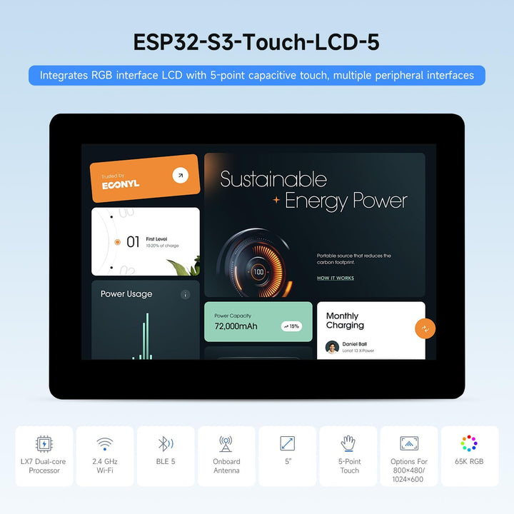 On Demand ESP32-S3 5inch Capacitive Touch Display Development Board, 5-Point Touch, 32-Bit LX7 Dual-Core Processor, Support Wi-fi & BLE, with Onboard Antenna, 800×480 Display Resolution
