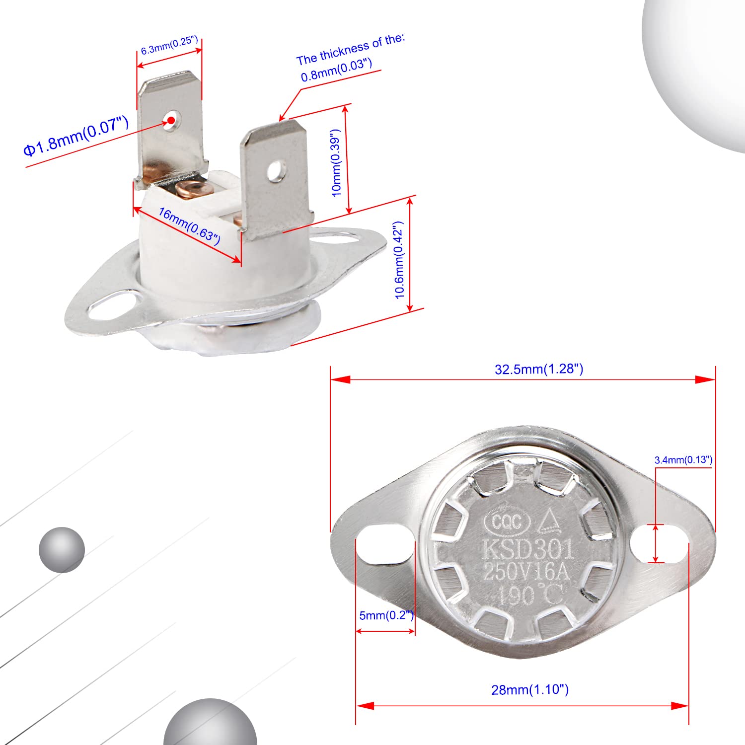 Ksd301 190°c Normally Closed Thermostat Thermal Temperature Switch Nc