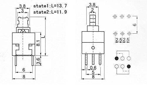 6 Pin Push Lock Button 7x7 Pcb Mount Dpdt Switch