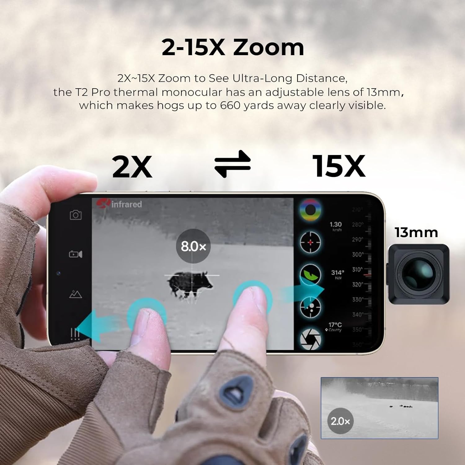 Infiray T2 Pro Thermal Monocular For Android, Thermal Imaging Monocular For Hunting, 2~15x Digital Zoom, Hotspot Tracking, 13mm Adjustable Lens,