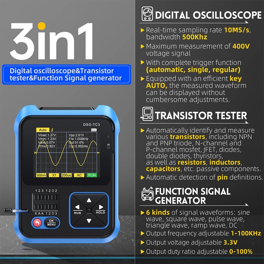 Fnirsi® Dso-tc3 3-in-1 Handheld 500khz 10ms/s Digital Oscilloscopes Signal Generator Transistor Tester