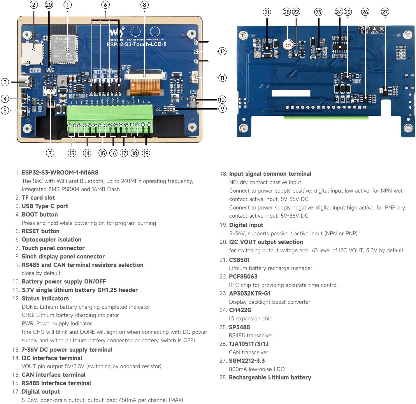 On Demand ESP32-S3 5inch Capacitive Touch Display Development Board, 5-Point Touch, 32-Bit LX7 Dual-Core Processor, Support Wi-fi & BLE, with Onboard Antenna, 800×480 Display Resolution