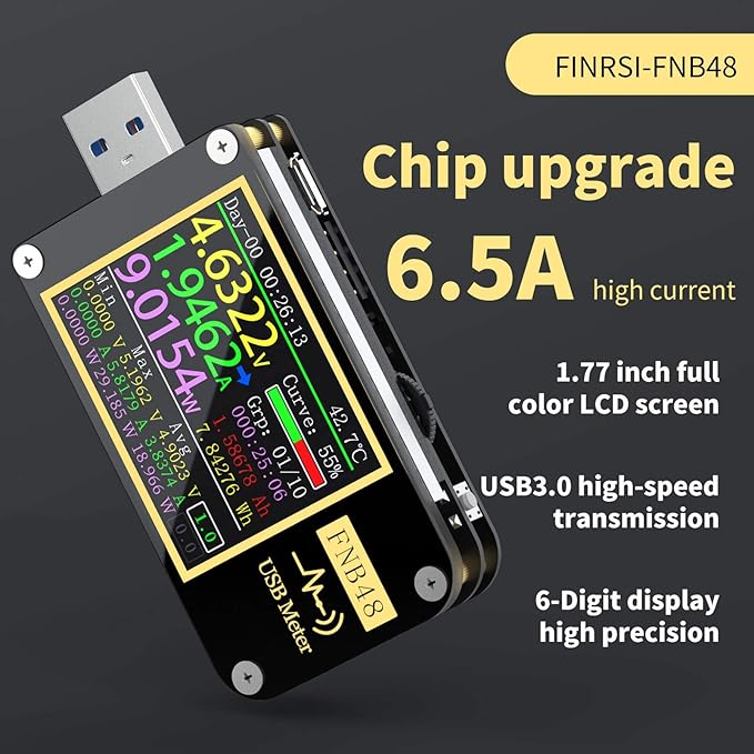 USB tester 12 in 1 FNIRSI FNB48S with color LCD display, USB Type-C and Bluetooth