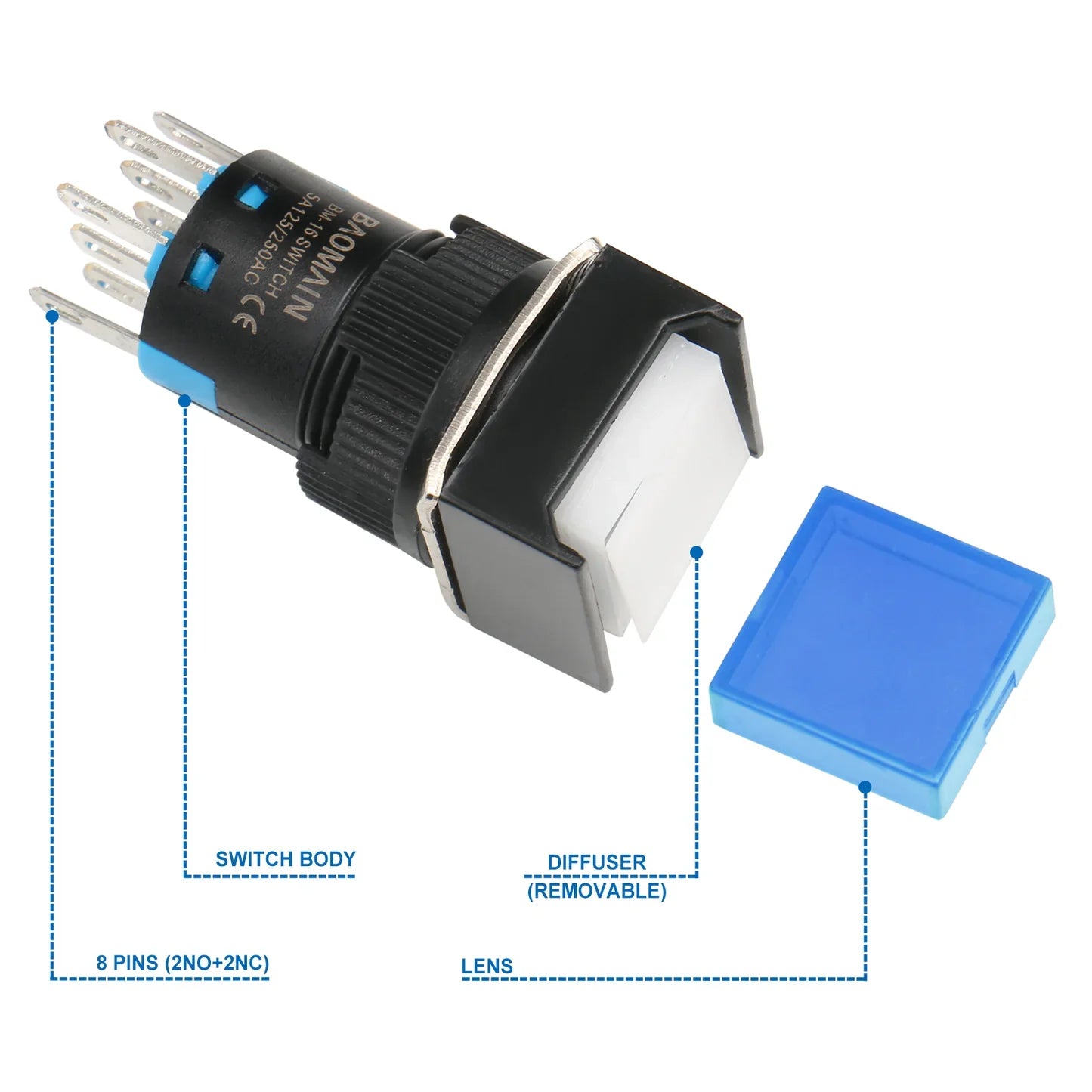 24v Push Button Switch Square Cap No Nc Latching/momentary Led Lamp Red Light 16mm Dpdt 8 Pin