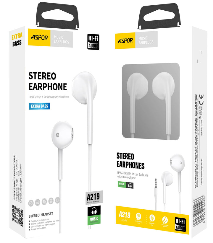 Aspor A219 3.5Mm Earphone/Handsfree Universal With High Bass Quality Sound
