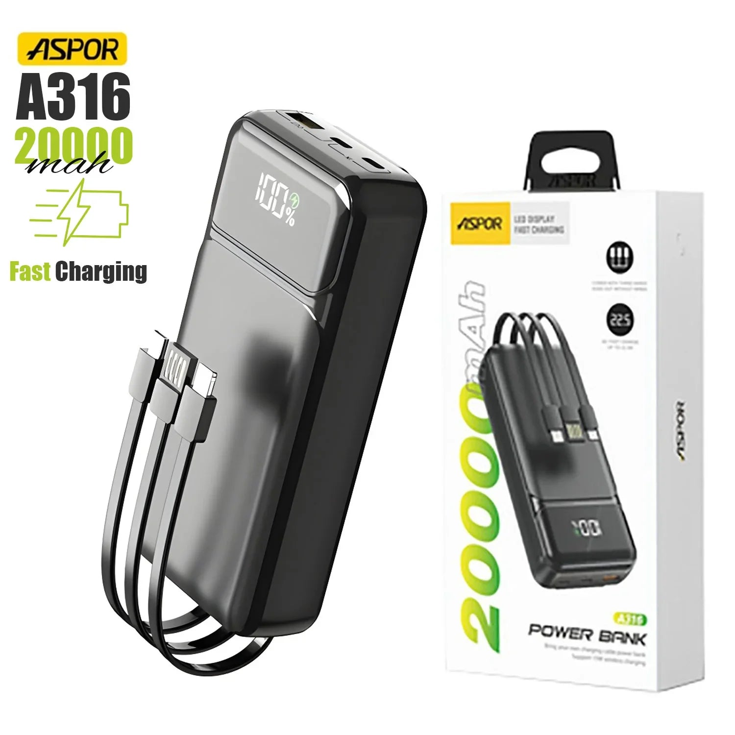 Aspor A316 20000mah 22.5w High-speed Power Bank With Built In Cable