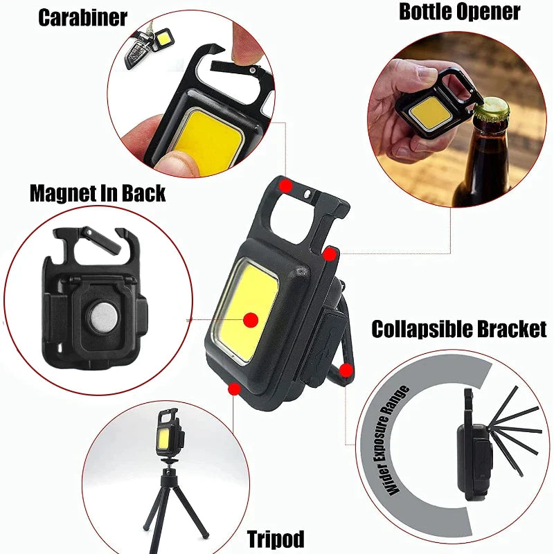 Cob Rechargeable Keychain Flashlight | Mini Small Flashlight With 3 Light Modes, Folding Bracket, Bottle Opener, And Magnet Base For Fishing, Walking,
