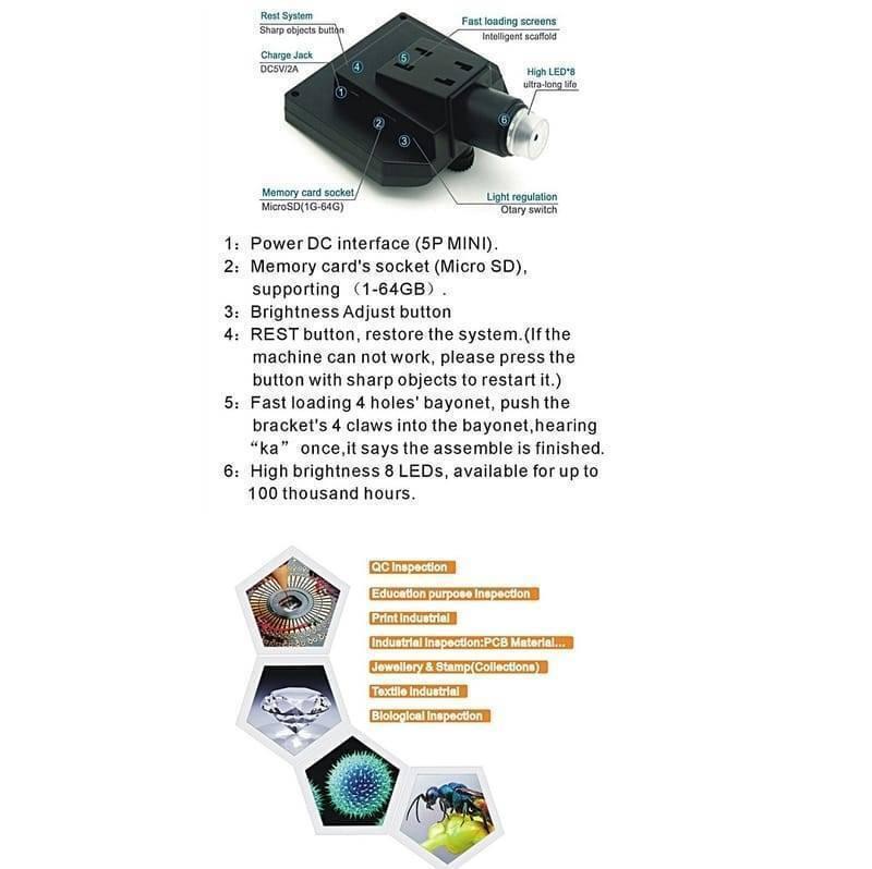 Digital Microscope 4.3in Hd Led 3.6mp 1-600x Continuous Magnifier