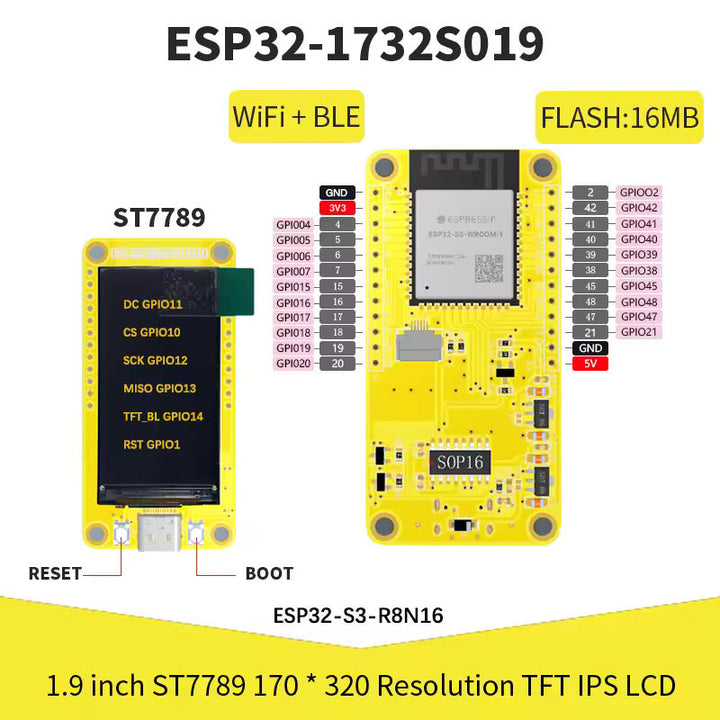 Esp32-s3 Hmi 8m Psram 16m Flash Arduino Lvgl Lcd Ips 170x320 1.9” Eps32-1732s019 Smart Display St7789
