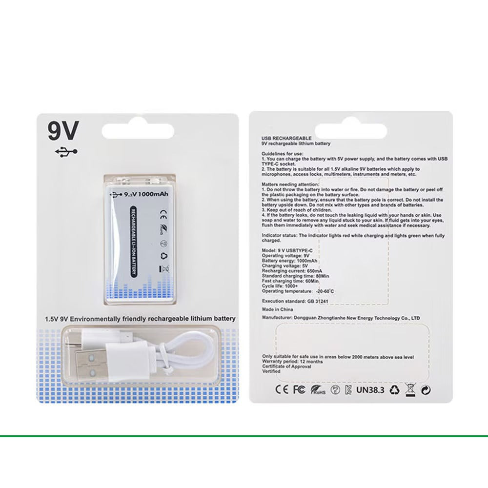 9v Rechargeable Lithium Battery 1000mah – Usb Type-c (6f22)