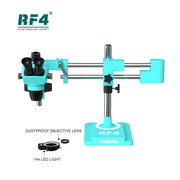 RF4 RF-6565PRO3 6.5-65X Synchronous Zoom Trinocular Stereo Microscope with Double-ARM Boom Stand