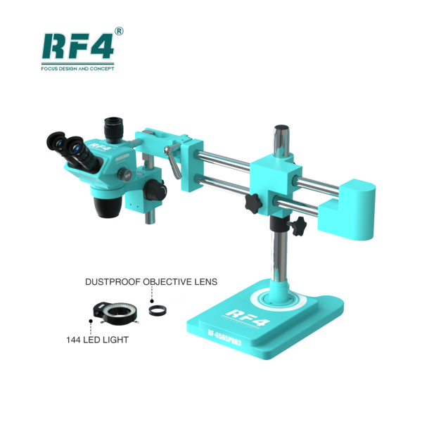 RF4 RF-6565PRO3 6.5-65X Synchronous Zoom Trinocular Stereo Microscope with Double-ARM Boom Stand