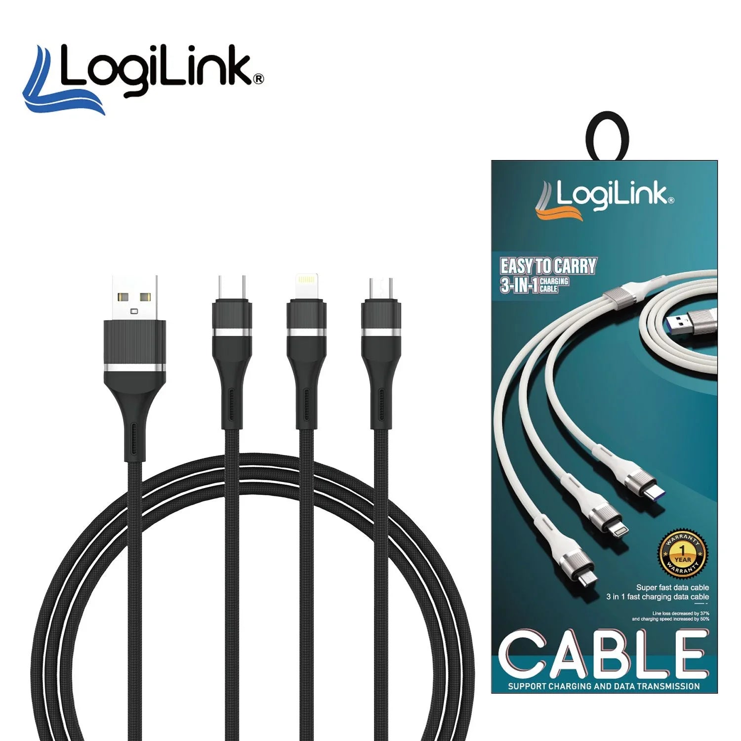 Logilink 3in1 Usb To Micro/type C/iphone Nylon Data Cable 6a Fast Charging 1.2m black