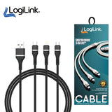 Logilink 3in1 Usb To Micro/type C/iphone Nylon Data Cable 6a Fast Charging 1.2m black