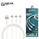 Logilink 3in1 Usb To Micro/type C/iphone Nylon Fast Charging 6a Data Cable 1.2m White