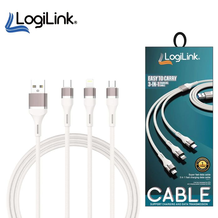 Logilink 3in1 Usb To Micro/type C/iphone Nylon Fast Charging 6a Data Cable 1.2m White