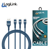 Techno edge 3In1 USB To Micro/Type C/iPhone Nylon Fast Charging 6A Data Cable 1.2m blue