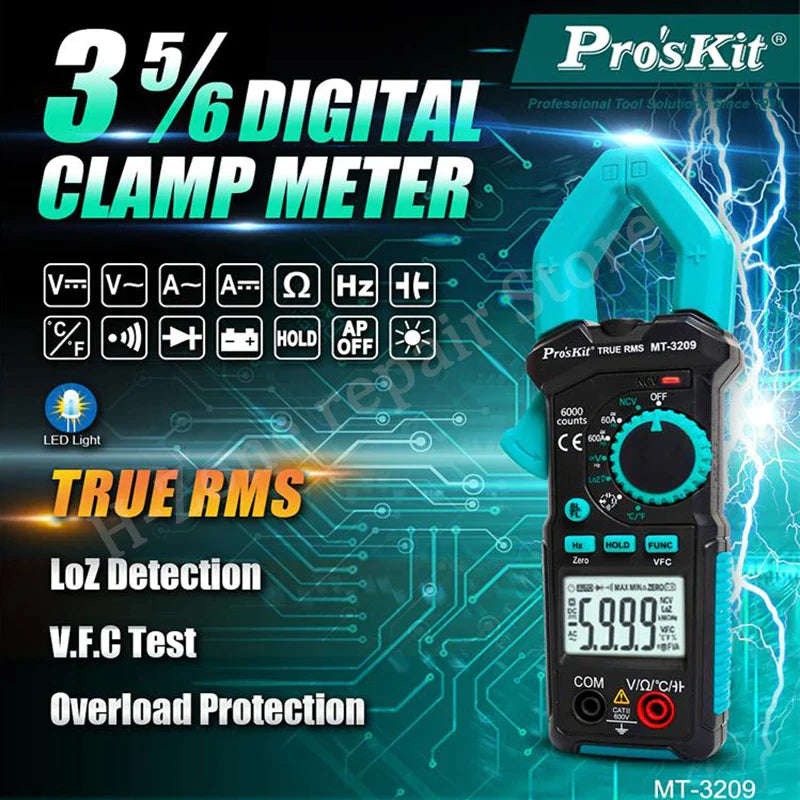 Proskit MT-3209 3-5/6 AC/DC Digital Clamp Meter, LED Lighting, LCD Digital Display, Sound and Light Buzzer, Electric Maintenance