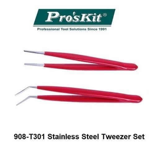 Proskit 2pcs Tweezers Straight & Curved Tip 908t301 Stainless Steel Electrician Hand Tools