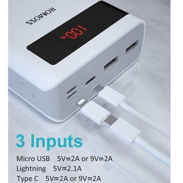 Romoss 30000mah 18w Type c Pd 3 Outputs 3 Inputs Fast Charging Portable Charger Battery Pack Sense 8p+ Plus