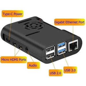 Raspberry Pi 4b Abs Case Black Enclosure Box With Cooling Fan And Heat Sink