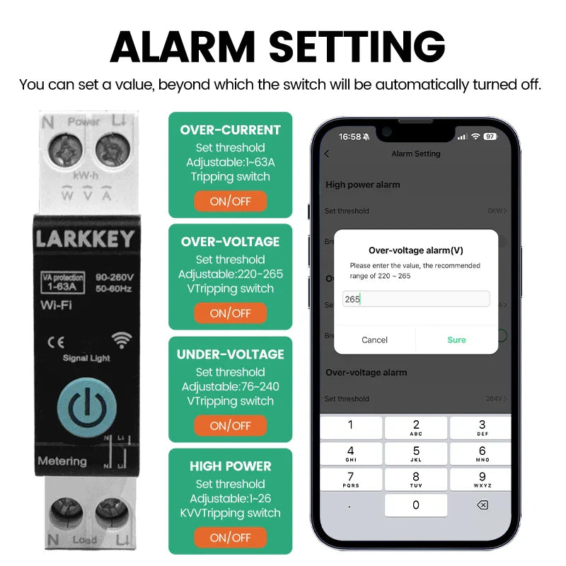 Larkkey Programmable Wifi Breaker Tuya Smart Circuit Breaker Power Metering Over Current Under Voltage Protection Din Rail Smart Switch