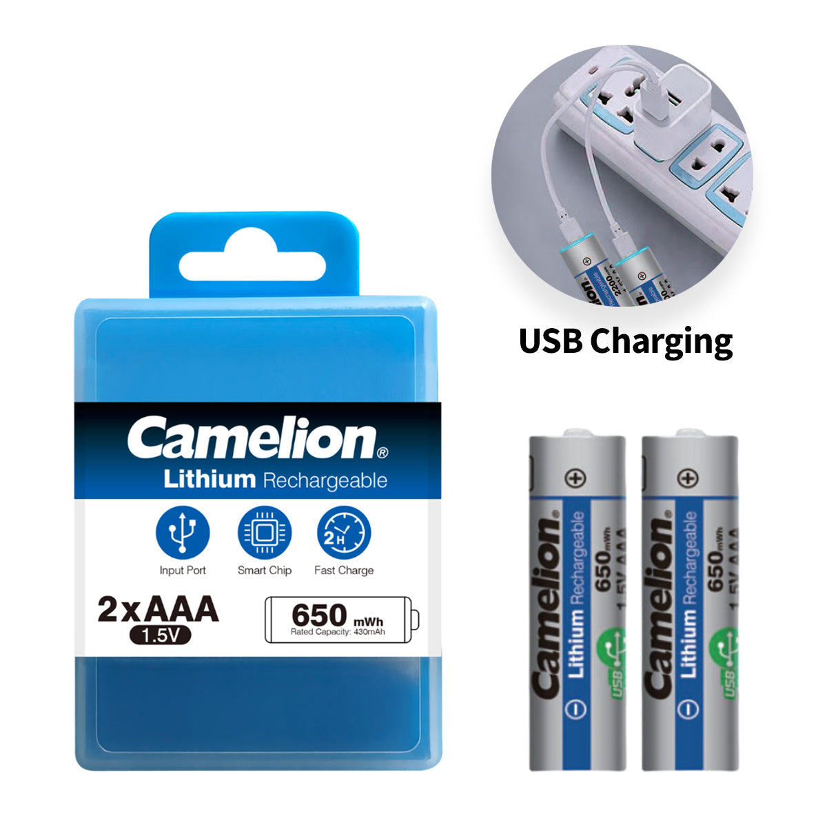2pcs Aaa Cell Camelion Usb C Rechargeable Lithium Batteries Aaa – 1.5v – 650mwh