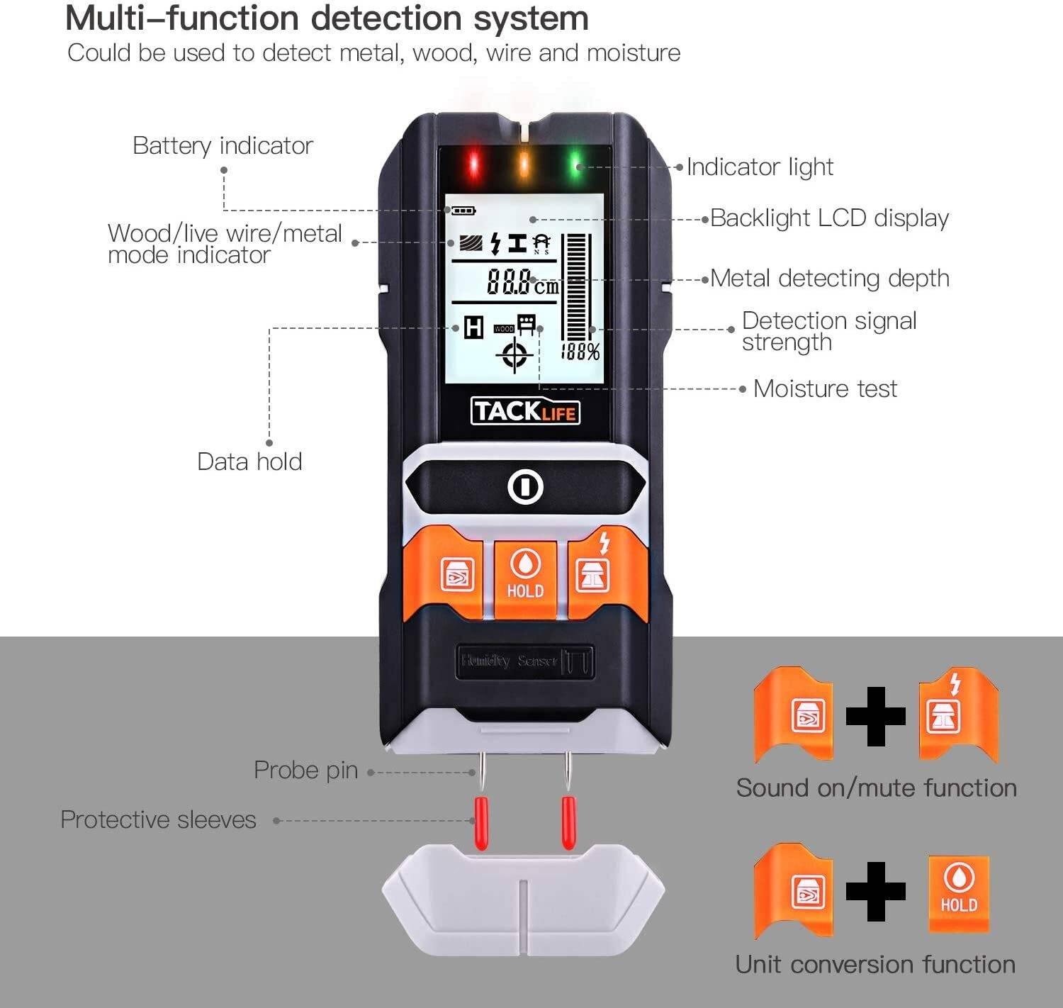 Wall Detector, Tacklife Dms05 4 In 1 Detector With Lcd Display, Classic And Multifunctional Detector, Metal Finder, Wood, Ac Cable And Humidity
