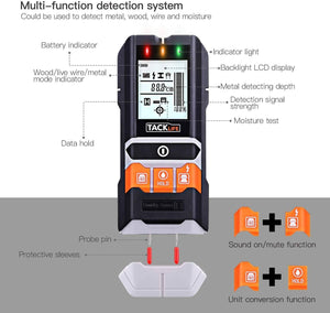 Wall Detector, Tacklife Dms05 4 In 1 Detector With Lcd Display, Classic And Multifunctional Detector, Metal Finder, Wood, Ac Cable And Humidity