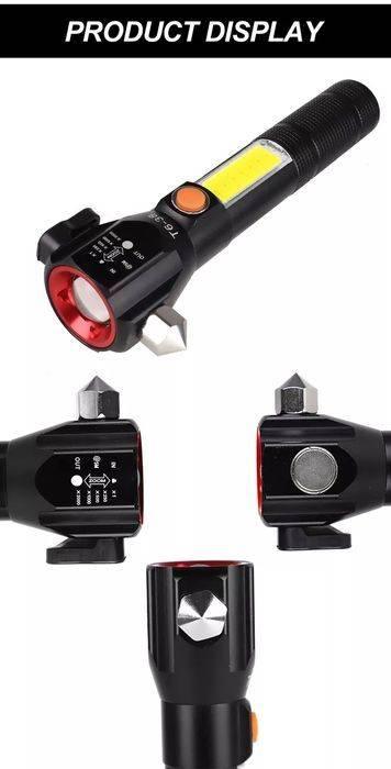 Water Proof Zoom Able Emergency Cob Flash Light Led Safety Hammer Flashlight