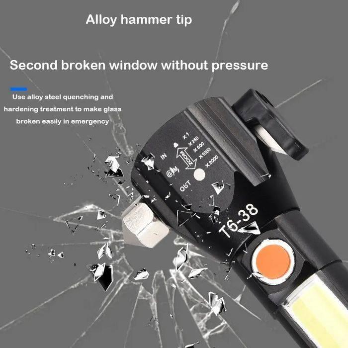 Water Proof Zoom Able Emergency Cob Flash Light Led Safety Hammer Flashlight