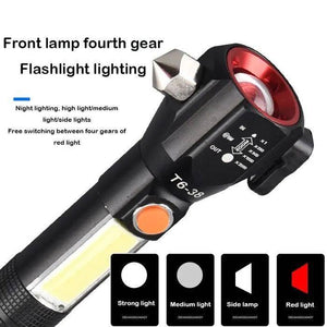 Water Proof Zoom Able Emergency Cob Flash Light Led Safety Hammer Flashlight