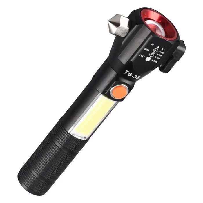 Water Proof Zoom Able Emergency Cob Flash Light Led Safety Hammer Flashlight
