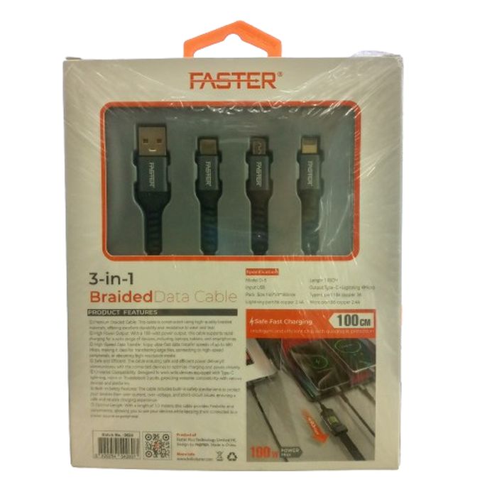 100W Super Fast Charging Cable 3 in 1 Braided Data Cable