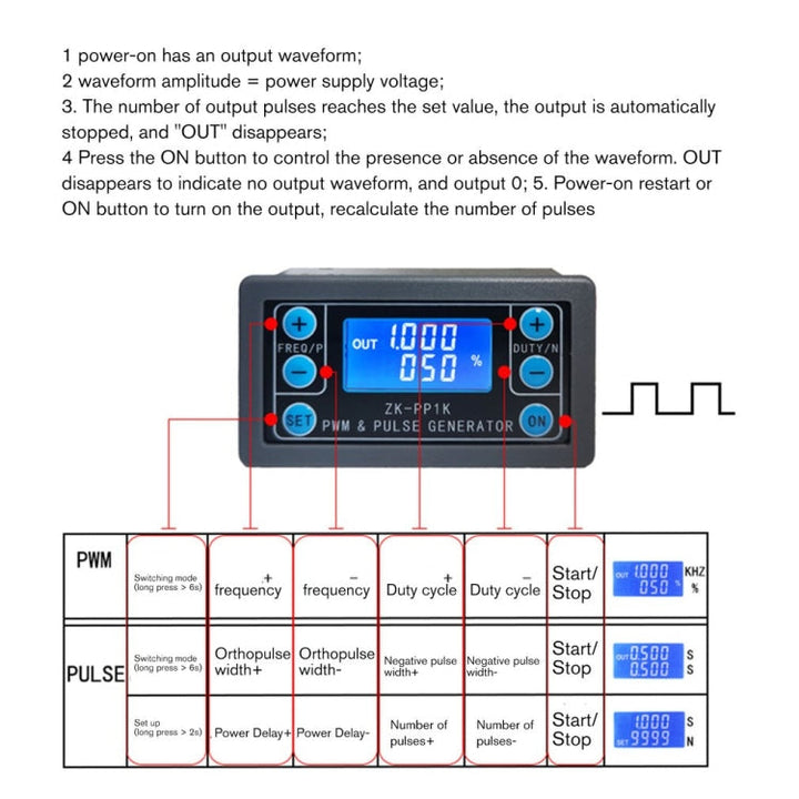 ZK-PP1K PWM Signal Generator Module – Dual Mode, 1Hz–150kHz, LCD Display, Delay, Pulse Width, Frequency & Duty Control, 3.3V–30V