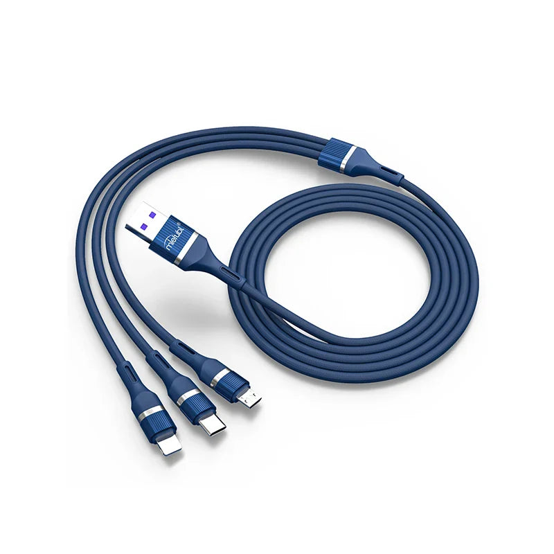 Techno edge 3In1 USB To Micro/Type C/iPhone Nylon Fast Charging 6A Data Cable 1.2m blue