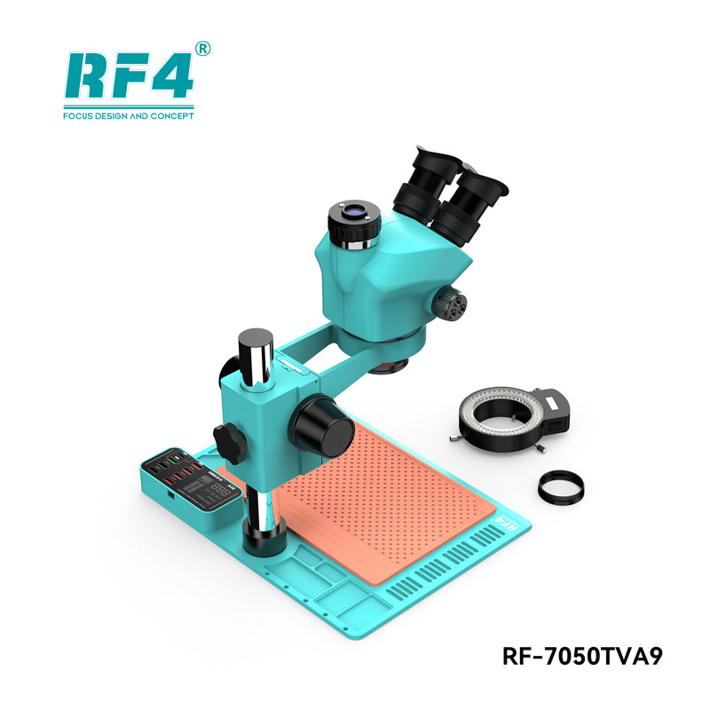 RF4 RF-7050TVA9 7X-50X Synchronous Zoom Trinocular Stereo Microscope with USB Charging Station