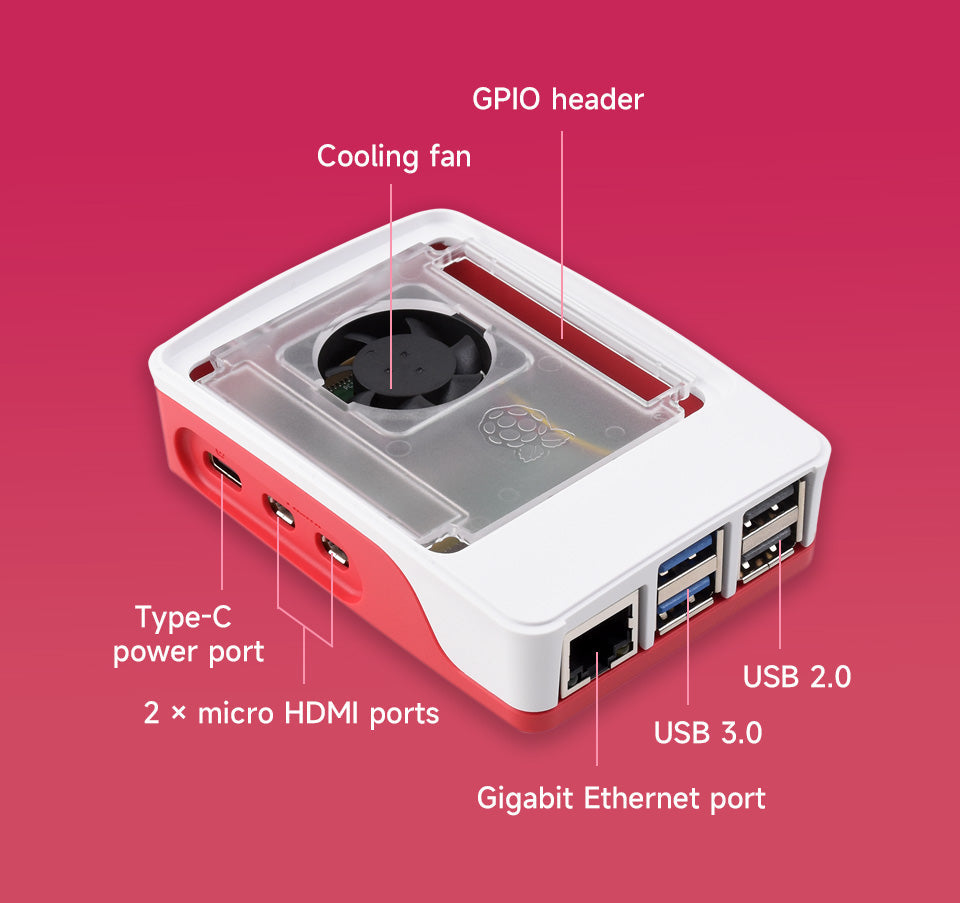 Official Raspberry Pi Case for Raspberry Pi 5, Built-in Cooling Fan, Red/White Color