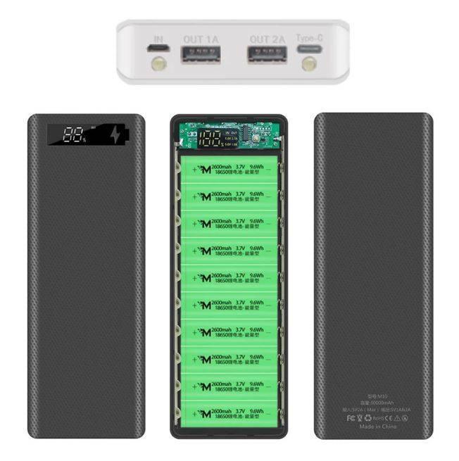 Power Bank Case 10 Cell 18650 Rechargeable Batteries Dual Output/dual Input Micro Usb And Type-c 10 Cell Power Bank Case